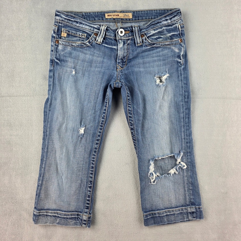Big Star Sweet Ultra Low Rise Distressed Denim Capri Jeans Blue Womens Size 29